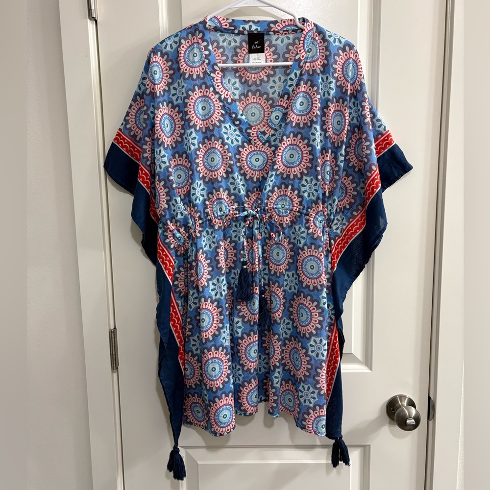 Echo Blue and Red Boho Floral Hanker Chief Tassel Tunic Swimsuit Coverup